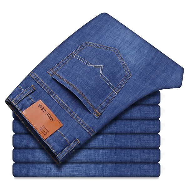 

men brand jeans classic style business casual slim fit elastic denim trousers black blue casual pants male