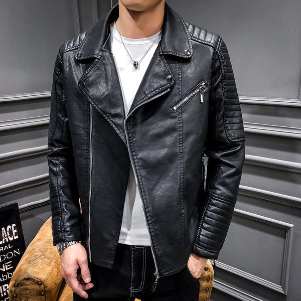 

мотоцикл отворот осень искусственная кожа куртка молодежный тренд тонкий мужская одежда, Black