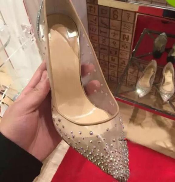 

2019 new spring summer elegant styles women shoes rhinestone high heels crystals pointed toe mesh pumps woman red sole wedding shoes, Black