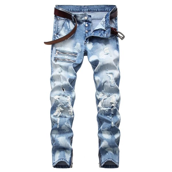 

ripped mens designer jeans straight stretch slim mens long pants spring fashion plus size male jeans, Blue