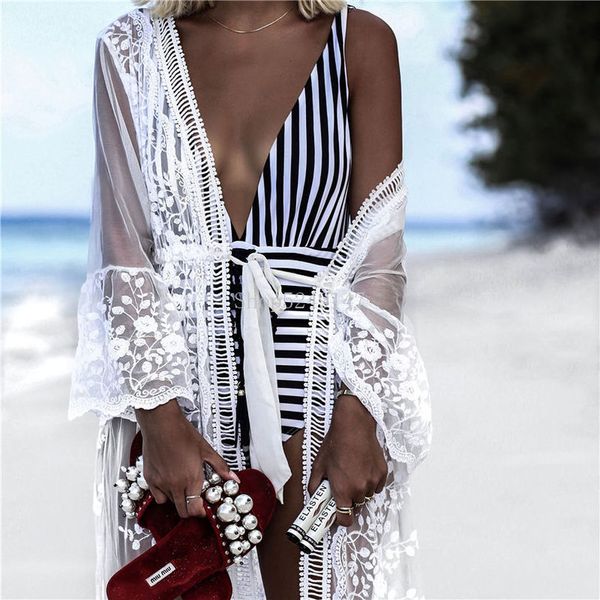 

2020 see through swimwear cover-ups white lace tunic women beachwear long kimono cardigan bathing suit cover up sarong, Blue;gray