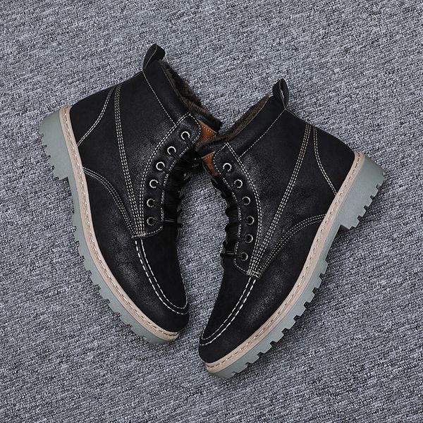 

winter men boots pu leather ankle boots lace-up men sneakers warm waterproof snow motorcycle plush zapatos de hombre, Black