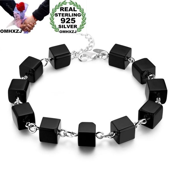 

omhxzj wholesale personality fashion woman girl party gift black square agate beads chain 925 sterling silver bracelet br16, Golden;silver