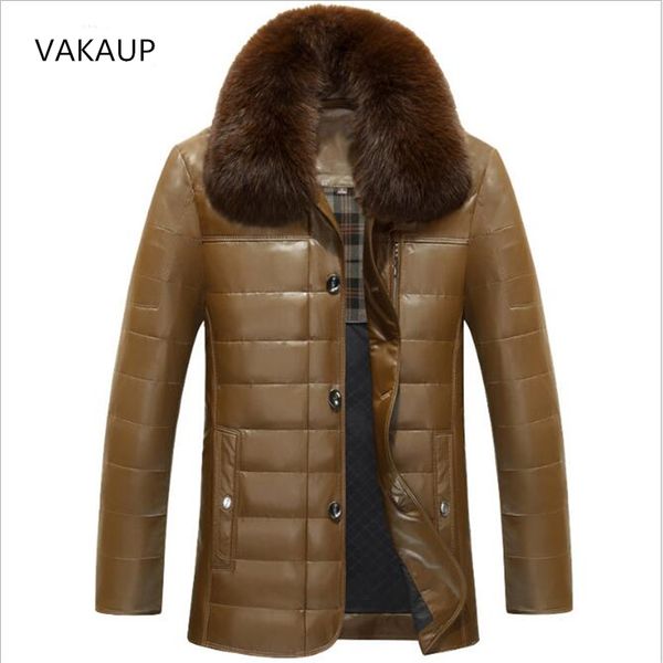 

middle aged mens lapel leather jacket thickened collar sheep skin down jacket in winter 2018 men jackets coats, Black