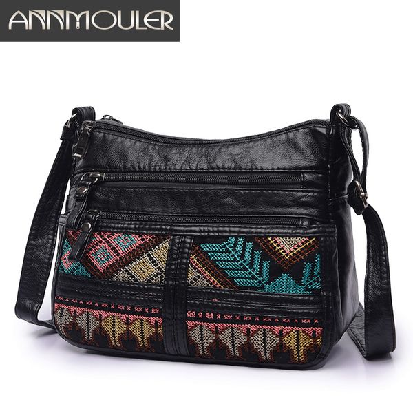 

annmouler women crossbody bag fashion soft shoulder bag washed leather women purse patchwork small tribal flap
