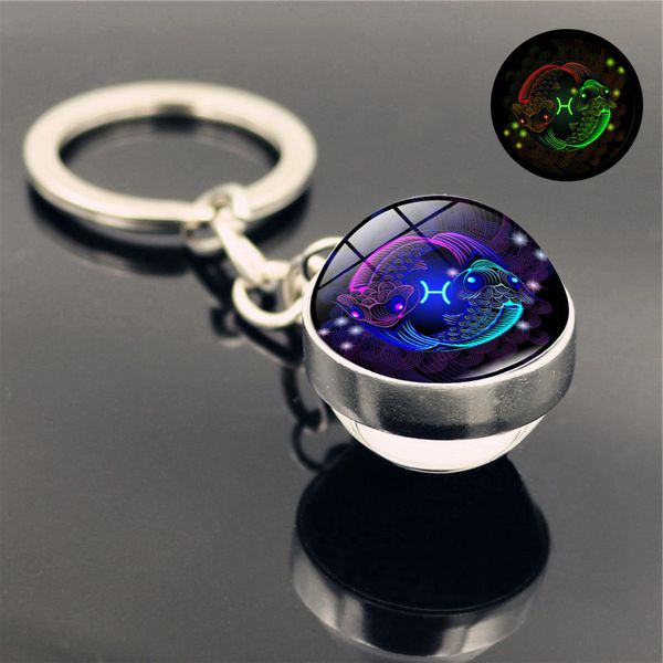 

12 constellation luminous key chain time gem double-sided crystal glass ball charm keyring keychain creative couple bag car key jewelry gift, Slivery;golden