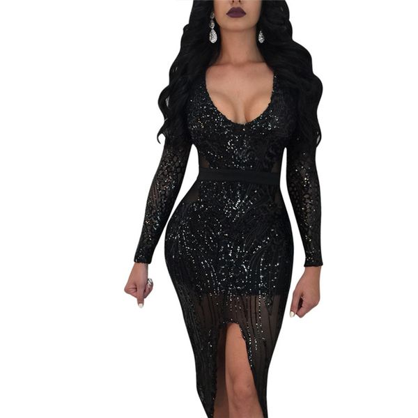 

sequined v-neck mesh bodycon dress see through high split long sleeve slim mid-calf elegant ladies bodycon vestido, Black;gray