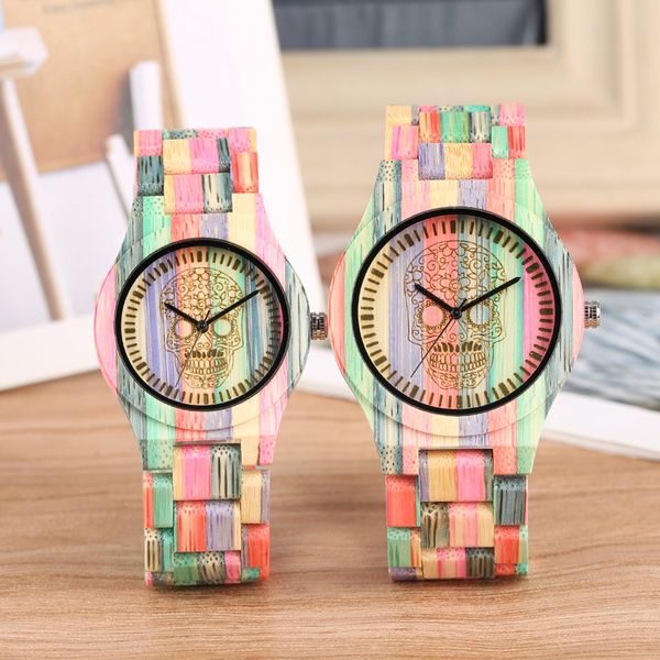 

couple watch colorful wood watches engraved skull skeleton clock men women adjustable bamboo wood band lovers gifts luxury reloj, Slivery;brown