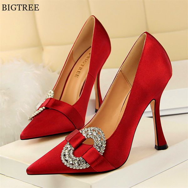 

autumn sweet crystal buckle pointed toe women pumps concise solid silk shallow female .5cm super high heels shoes wedding shoe, Black