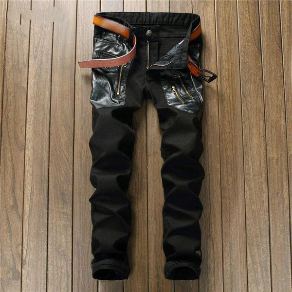 

mens jeans hip hop new stitching slim black straight men jeans male fashion mens stretch jeans asian size, Blue