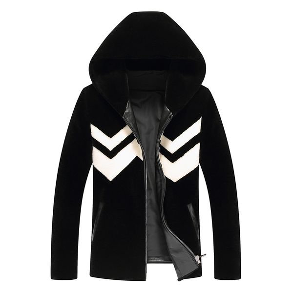 

real fur coat men sheep shearing wool jacket plus size autumn winter leather jacket men hooded jaqueta de couro 13-8067 yy502, Black