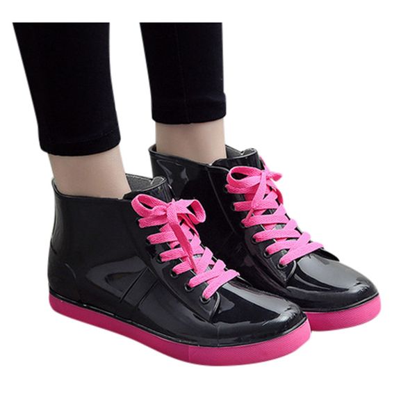 

women rain boots candy color waterproof shoes transparent short ankle boots for women girls outdoor rain lace up shoes, Black