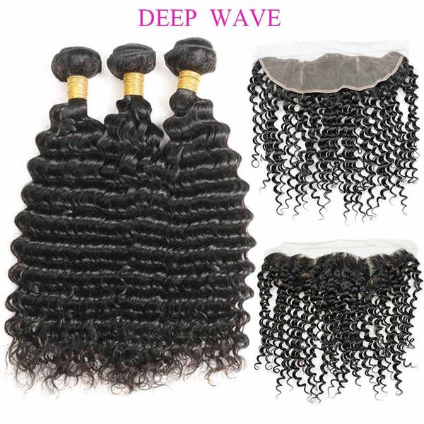 

бразильский девы волос с closure extensions бразильской deep wave связкой волос с 13x4 фронтальных необработанным remy human hair weave, Black;brown