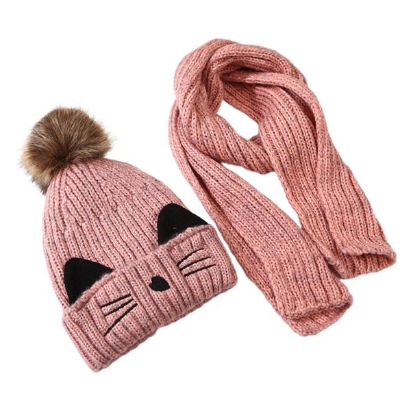 

children scarf hat set knitted kitty pattern fluffy pompom kids head cap shawl, Blue;gray