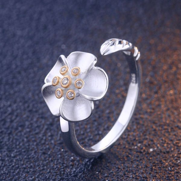 

real 925 серебряное кольцо sterling для женщин ручной работы fine jewelry s925 silver игристых cz цветок палец кольцо девушки помолвки подар, Slivery;golden