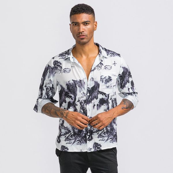 

mens striped printed chest pocket turn down collar long sleeve casual shirts, White;black