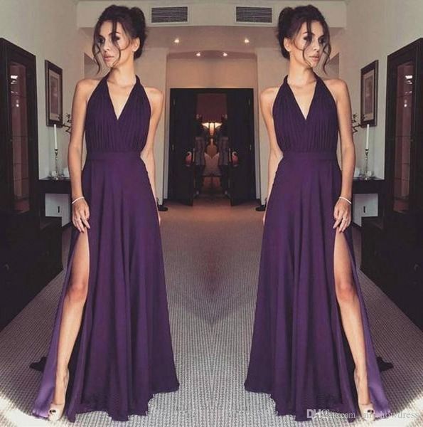 

elegant purple chiffon bridesmaid dresses new halter neck ruched high split maid of honor wedding guest dresses plus size custom made, White;pink