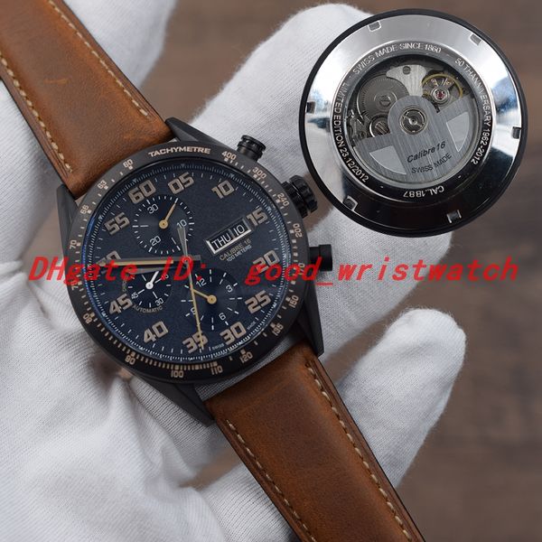 

Casual Calibre 16 Automatic mechanical mens watch Black stainless steel shell Brown leather strap Weekday calendar Transparent