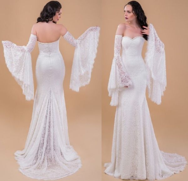 

2019 gorgeous mermaid lace wedding dresses sweetheart beaded bohemian wedding gowns with long sleeve bridal dress vestidos de nnovia, White