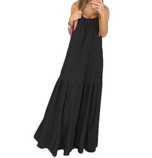

bohemian dress women summer sleeveless spaghetti strap ruffle swings maxi long dresses holiday vestido plus size, Black;gray