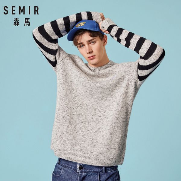 

semir men wool blend knit sweater men's ribbed mock-turtleneck sweater with stripe at sleeve ribbing at cuff and hem for winter, White;black