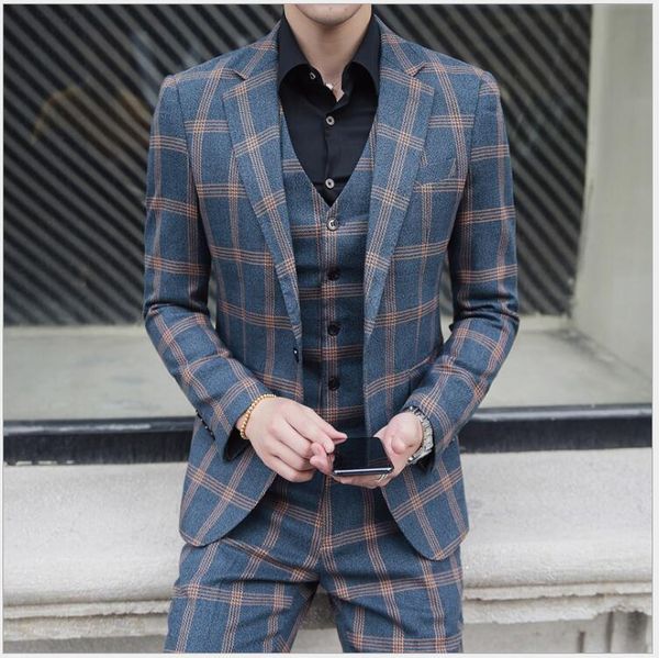

fashion plaid tweed bridegroom wedding clothing men suits three pieces (blazer+pant+vest) business banquet tuxedos for sale, Black;gray