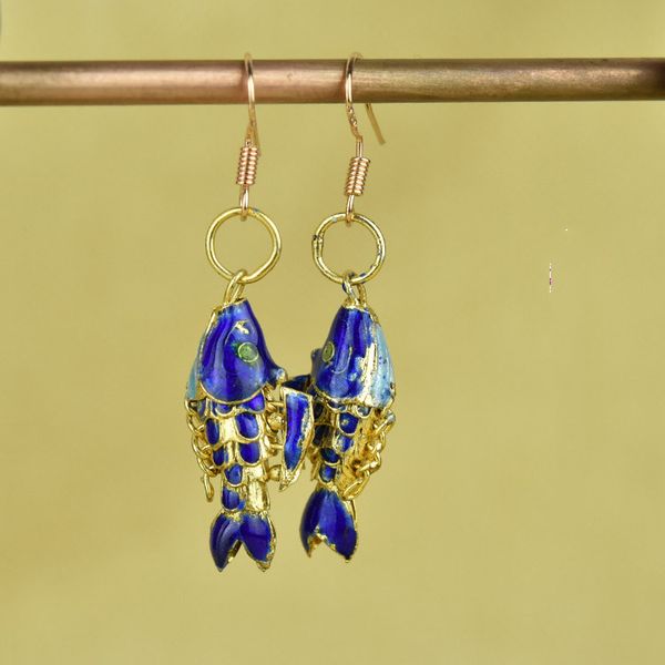 

latest cloisonne enamel koi fish earrings women charm ear dangle ornaments handmade accessory jewelry chinese ethnic crafts animal ear drop, Golden