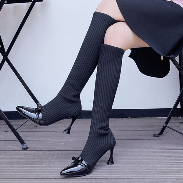 

new pu knee high boot women's fashion butterfly knot pointed toe high heels sock shoes long boots botas mujer invierno 2019, Black