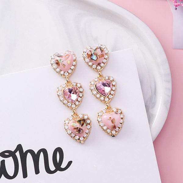 

new colorful stone shiny rhinestone long love heart drop dangle earrings for women korean statement pendientes jewelry 5i, Golden