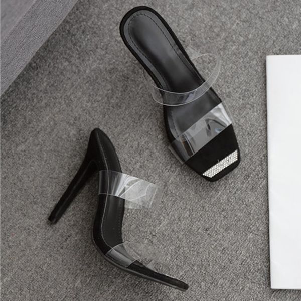 

sandals clear band rhinestones square toe gladiator women open flipflops stiletto super high heels sandalias shoes woman2021, Black