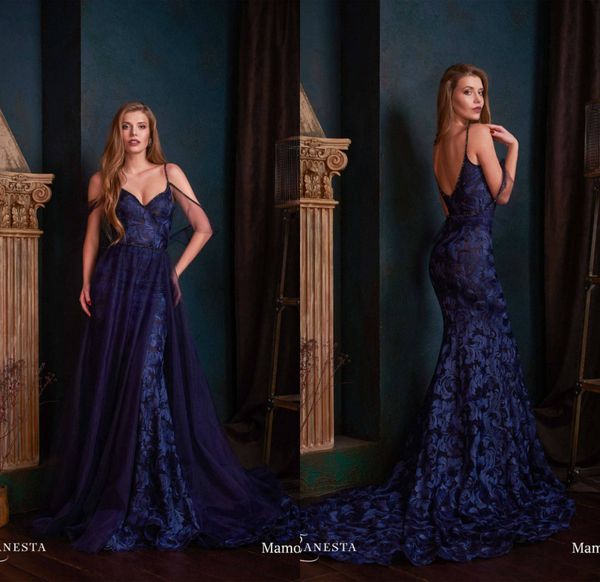 

2020 allegresse dark blue evening dresses detachable skirt spaghetti applique mermaid prom dress sweep train custom made formal party gowns, Black;red