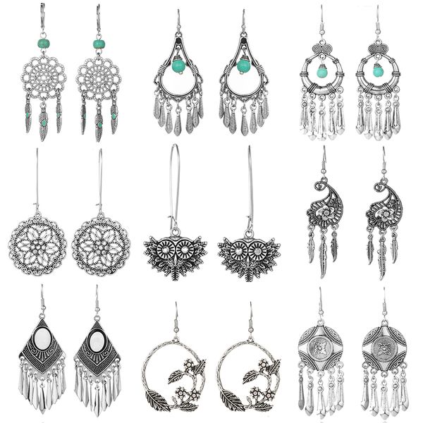 

ethnic silver color earrings for women 2019 vintage bohemian geometric leaf big round circle water drop earrings indian jewelry