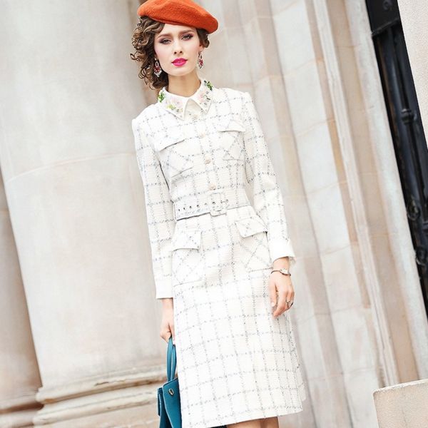 

casual dresses runway 2021 spring women's vintage womanliness slim dress winter keep warm celebrities fashion club nail bead, Black;gray
