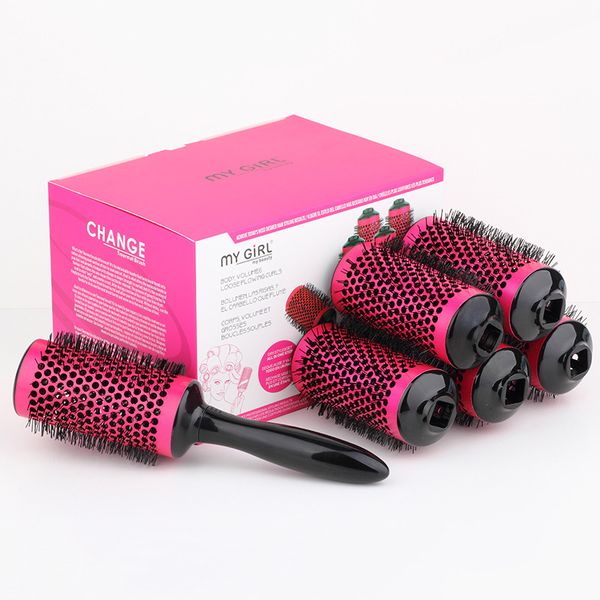 

6pcs/set high temperature resistant ceramic iron round comb colorful blowed & vented barrel hairbrush styling tool 54mm 1073, Silver