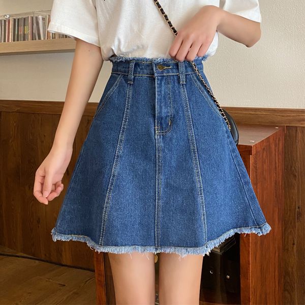 

women skirts 2020 summer high waist cotton jeans skirt ladies pocket a-line skirt women casual elegant tassel mini denim, Black