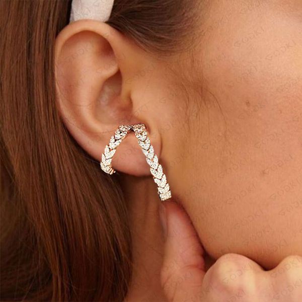 

godki 2020 luxury wheat statement ear cuff earrings for women wedding cubic zircon dubai bridal round circle hoop earrings, Golden;silver