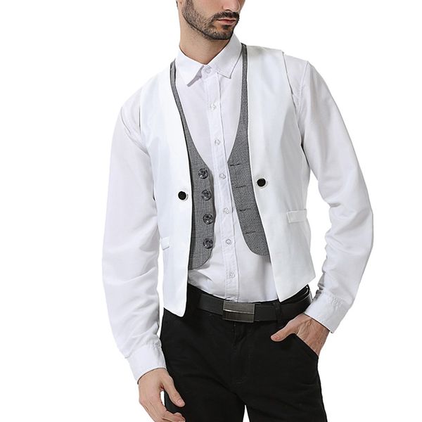 

men's dress vests business pure v-neck groom's slim fit vest waistcoat gilet homme casual sleeveless formal business jacket, Black;white