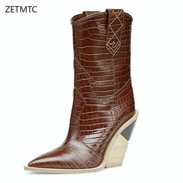 

woman winter boots 2019 mid-calf western pointed toe high heel 10cm wedges booties short plush australian cowboy female shoes, Black