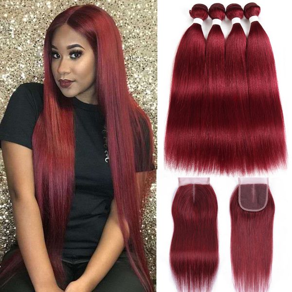2019 99j Burgundy Red Color Human Hair Bundles With Closure 4 4 100 Brazilian Straight Human Hair Weave Bundles Colored Remy Hair Extensions From