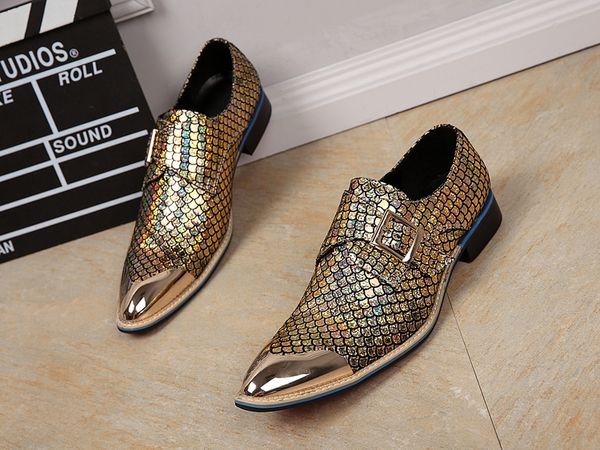 

new fashion luxury mens dress shoes gold silver shiny fishscale pattern formal party business shoes with buckle espadrilles 2018, Black