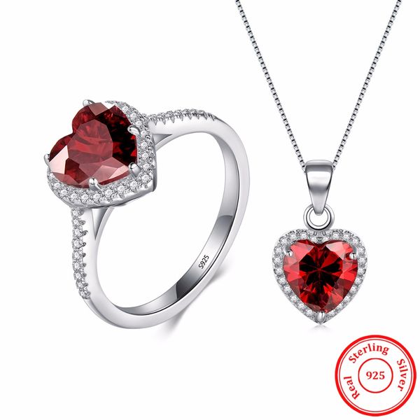 

2019 solid 925 sterling silver sets jewelry red hearts ring necklace genuine wedding crystal pendant fashion chain for women, Black