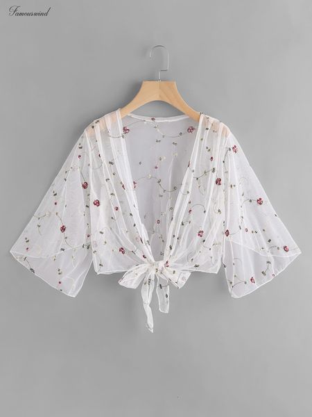 

sheer mesh sunscreen shirt transparent t shirt women wide sleeve embroidery floral tee ladies t shits, White