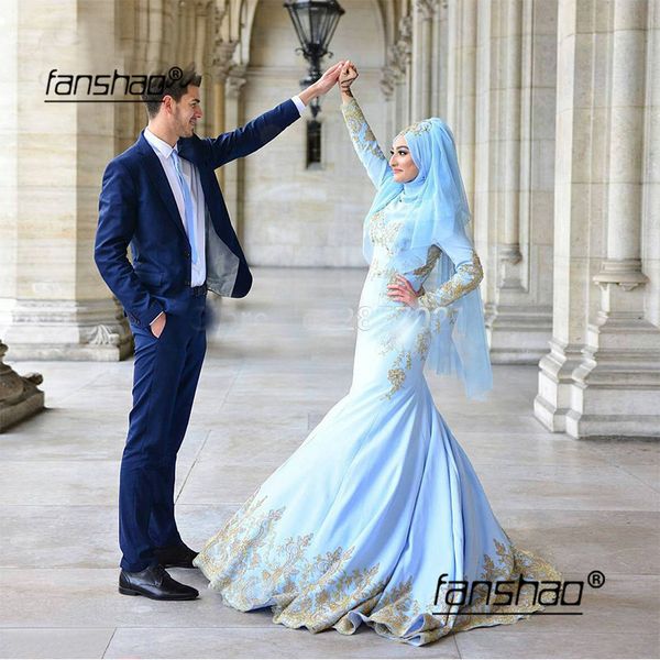 

sky blue muslim evening dresses mermaid full sleeve gold lace scarf vestidos dubai saudi arabic evening gown prom dress, White;black