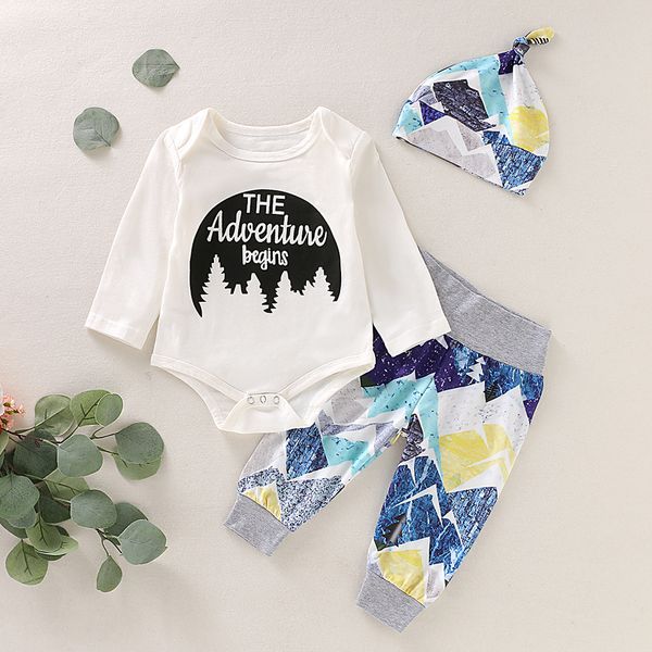 

cute toddler kids baby boy girls letter print romper+ pants hat outfits sets ifant toddler newborn outfits set sale, White