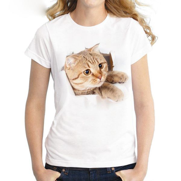 

wholesale 2020 summer couple 3d broken paper cat funny short sleeve cute women's printed t-shirt, White