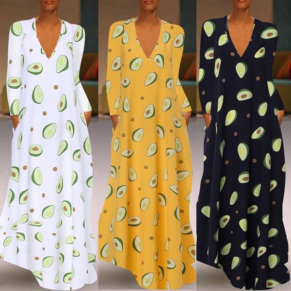 

fruit 2019 butter printing long sleeves v collar even clothing longuette full dress women's wear, Red;white