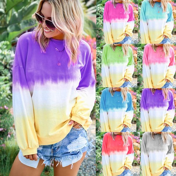

12 colors women gradient color hoodies long sleeve casual crew neck pullover tee loose sweatshirt tie dye plus size autumn sweater, Blue;gray