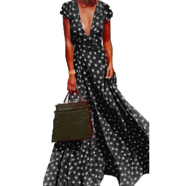 

zanzea split polka dot maxi long dress summer women casual deep v neck short sleeve sundress party beach dress plus size, Black;gray