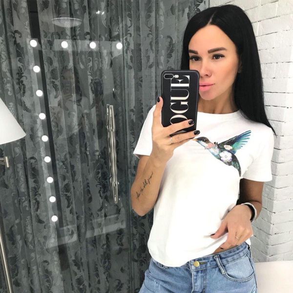 

new summer women t-shirt colorful hummingbird art painting t-shirt maiden casual ladies novelty tee cute t shirts, White