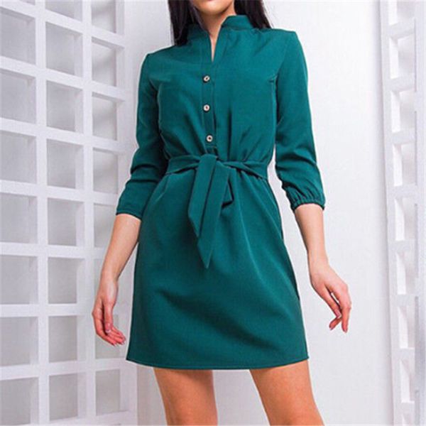 

womens stand collar loose casual dress elegant women shirt waist band beach party summer dresses evening party dresses vestidos, Black;gray